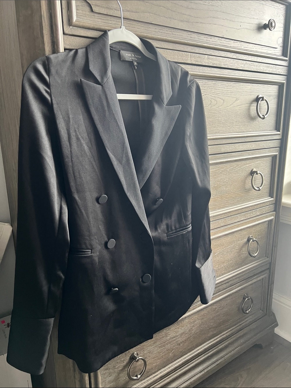 rag & bone Black Double-Breasted Satin Blazer Quiet Luxury